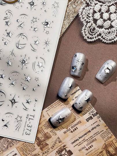 Holographic Glitter 3D Self-Adhesive Star Nail Art Stickers Decals For Women Girls Nail Design Decoration Accessories (Y2K Liquid Metal Silver)