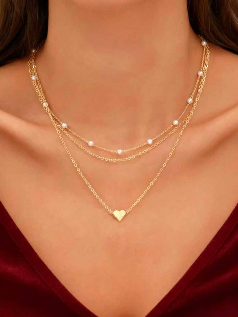 1pc Women's Alloy Minimalist Multi-Layer Heart Shaped Faux Pearl Necklace, Suitable For Festivals, Dates, And Daily Wear (Random Pearl Quantity)