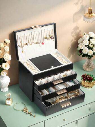 BOOVO 1pc Women's Jewelry Box - 4-Layer Jewelry Organizer - Beaded Jewelry Box With Makeup Mirror And Necklace Hook - For Storing Various Types Of Jewelry - Durable Synthetic Leather - Suitable As A Gift Box For Holidays, Anniversaries, And Birthdays