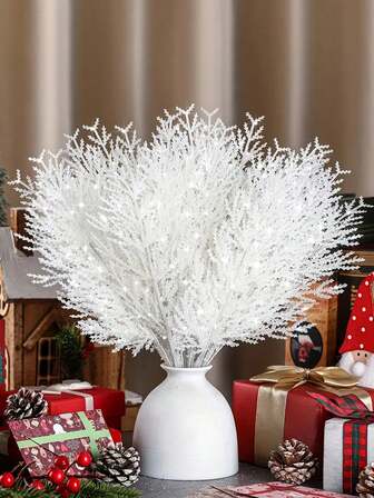 10/20pcs Christmas Decorative Flowers Artificial Pine Branches Artificial Cedar Picking Christmas Green Stem Flowers Spray Vase Filling Home Garland DIY Garland Decoration White, Christmas Tree Decorations, Garland Christmas, Christmas Decorations Outdoor, Christmas Outdoor Decorations