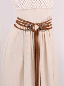 1PC Long Rope Ring Knotted Belt For Women Bohemian Crescent Moon Buckle Waist Rope With Tassel - A - View 9