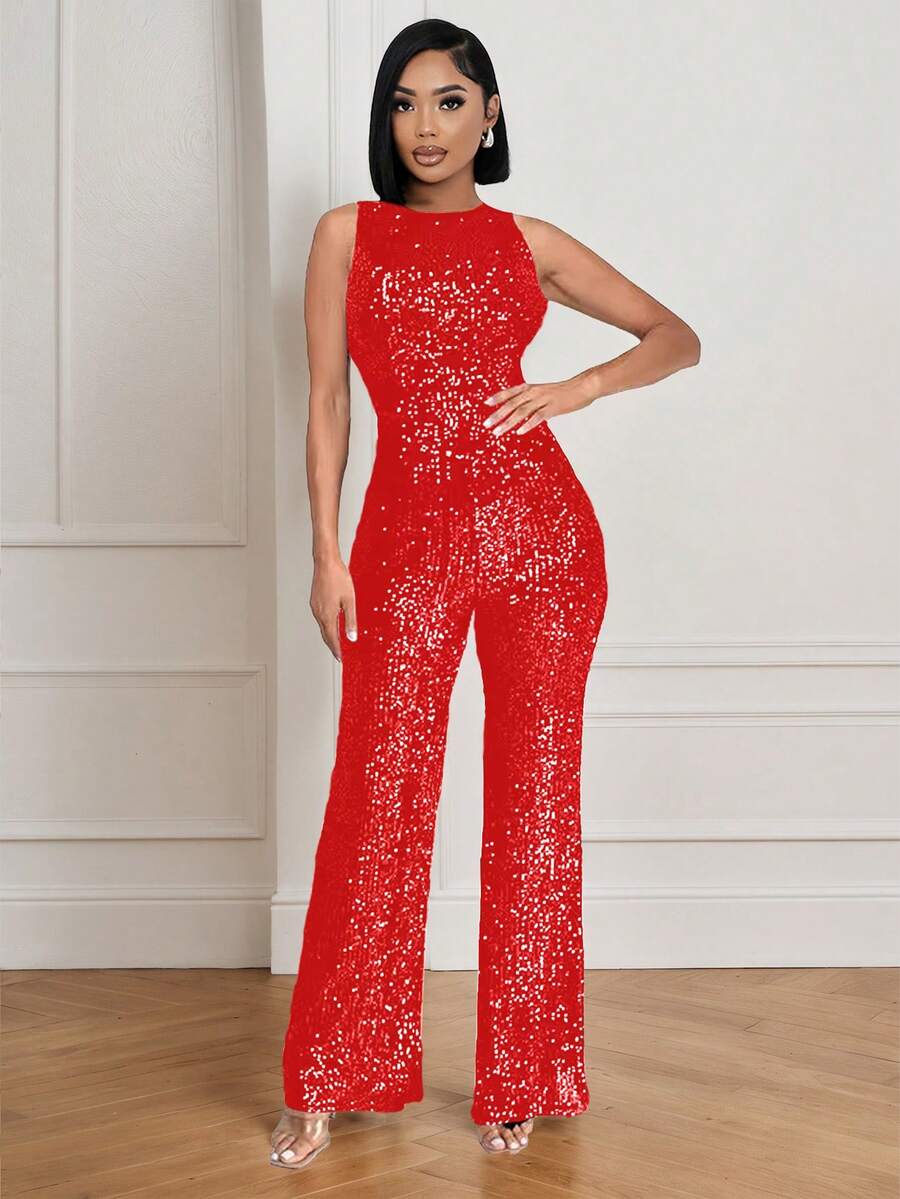 女士性感连体裤，网纱面料，高弹力，紧身剪裁，饰有水钻，适合派对、鸡尾酒会等场合，黑色和银色水钻点缀，透视网纱，高领紧身铅笔裙设计，性感奢华的秋冬圣诞派对连体裤，婚礼礼服 - 紅色 - 查看 1