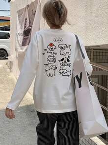 女款休閒寬鬆版型字母與卡通印花圓領長袖T恤，時尚百搭，適合春/秋季 - 白色 - 查看 2