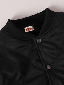 Boys' Retro Minimalist Ribbed Long Sleeve Crew Neck Jacket, Thermal Lined Casual Outerwear For Kids, Autumn/Winter - Black - View 4