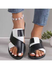 New Summer Women's Fashionable, Soft And Comfortable Cross Color Flat Sandals, Casual Toe Sandals, Beach Shoes - 黑與白 - 查看 9