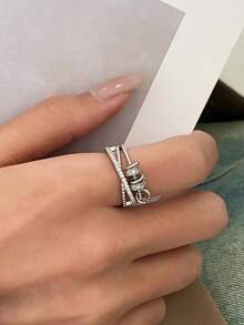 Multi-Layer Rotating Flexible Fidget Ring With Rhinestones (1Pc), Adjustable Open Design, Casual Versatile Daily Wear Jewelry 5XE0 - 銀色 - 查看 5