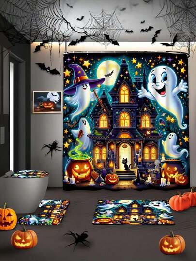 1/3/4pcs Halloween Castle Series Gift Atmosphere Modern Home Bathroom Decor Printed Shower Curtain Set, Digital Printing, Polyester Material, Waterproof Shower Curtain, Curtain And Toilet Mat 3 Pieces Set, No Drilling, Bathroom Divider, Bathroom Shower Curtain Set, Bathroom Set Includes U-Shaped Mat, Anti-Slip Bathroom Mat, Toilet Mat And Bathroom Accessories, Suitable For Home Decor, Holidays, Daily Decoration, Halloween Decor, Bathroom Decor, Shower Decor, Ideal Gift Christmas Decor