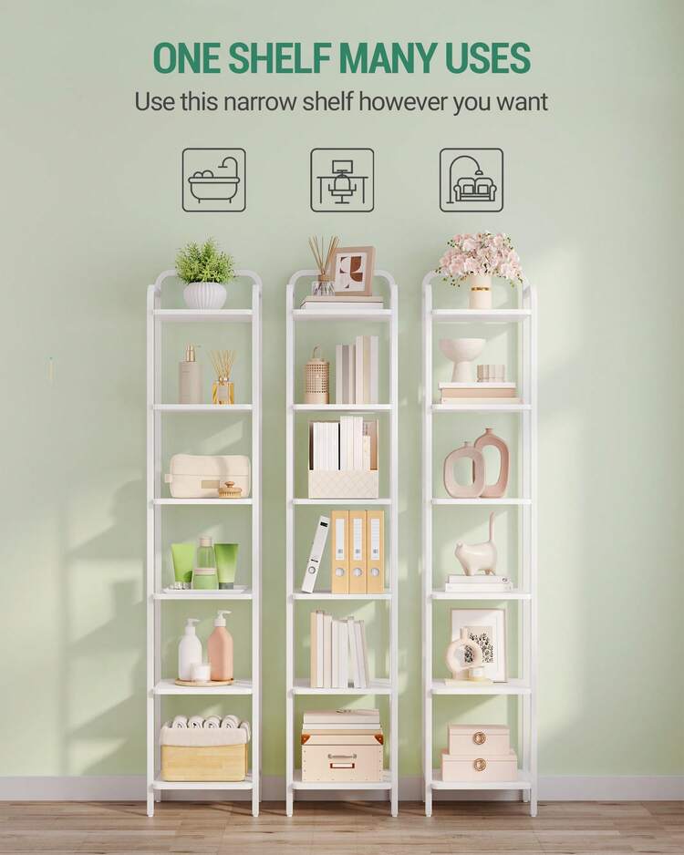 HEXCELEN Bookshelf, Shelf, Standing Shelf, Narrow Bookcase, Industrial Corner Shelf, Slim Shelf For Home Office, Living Room, Bedroom, Kitchen, 6 Tiers White - White - View 3