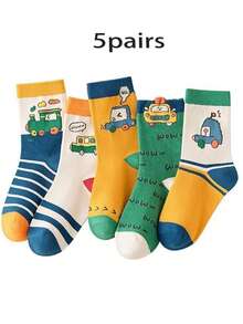 5双卡通汽车火车图案中筒袜，男童卡通袜，适合日常穿着，四季皆宜