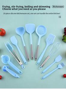 16-częściowy zestaw silikonowych naczyń kuchennych do pieczenia, zestaw silikonowych naczyń kuchennych z powłoką nieprzywierającą, zestaw naczyń kuchennych do gotowania, pieczenia, miarek i łyżek, szpatułki, w tym łyżka pełna, łyżka cedzakowa, łyżka do zupy, duża szpatułka, szpatułka cedzakowa, trzepaczka do jajek, szczypce do żywności, pędzel do oleju, mała szpatułka, miarki i łyżki