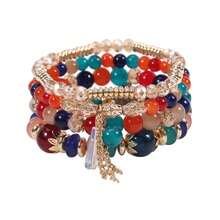 4Pcs/Set Fashion Boho-Chic Multi-Layer Tassel Colorful Beaded Bracelet With Stretchy Elastic Cord Crystal Pendants Bracelets Perfect For Casual Attire & Gifting, Bohemian, Creative, Ladies - Trộn - Xem 1