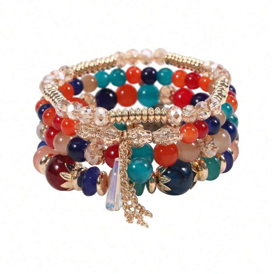 4Pcs/Set Fashion Boho-Chic Multi-Layer Tassel Colorful Beaded Bracelet With Stretchy Elastic Cord Crystal Pendants Bracelets Perfect For Casual Attire & Gifting, Bohemian, Creative, Ladies - Trộn - Xem 1