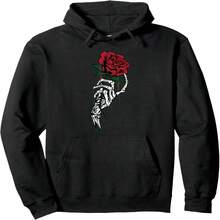 Rose Flower Tattoo - White Skeleton Hand Holding A Red Rose Pullover Hoodie - 黑12 - 查看 1