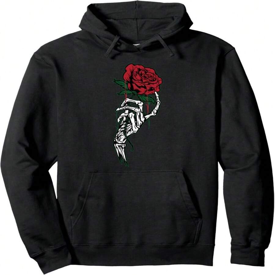 Rose Flower Tattoo - White Skeleton Hand Holding A Red Rose Pullover Hoodie - 黑12 - 查看 1