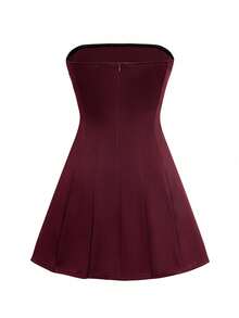 Unadoll Women's Strapless, Backless, Ruched, Sexy, Elegant Vacation, Date, Back To School, Music Festival, Cocktail Party, Formal Solid Color Mini Skirt - Burgundy - View 4