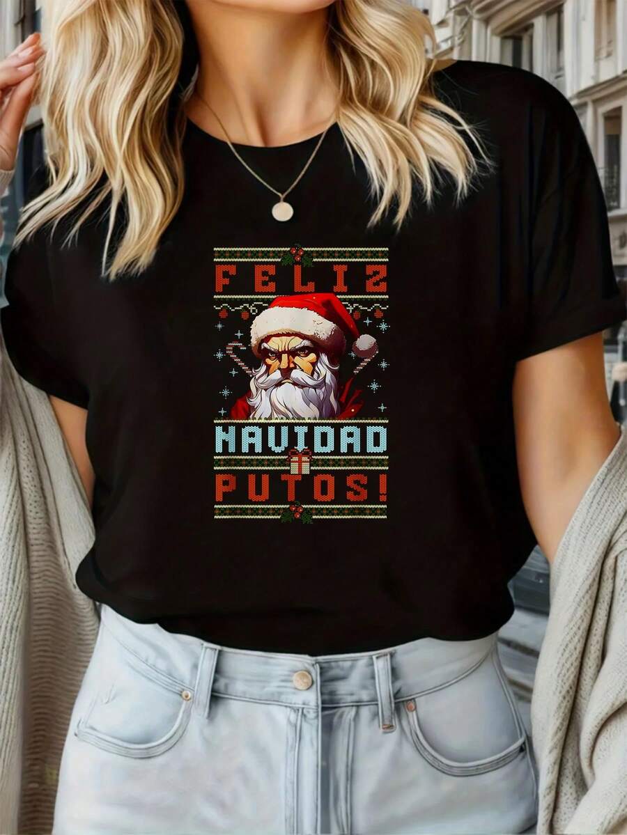 100% Algodón Unisex Feliz Navidad putos Camiseta Mujeres Hombres Camiseta Gráfica Casual Cuello Redondo Manga Corta - Negro - Ver 1