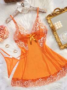 1 件性感女士欧美风格蕾丝网眼蝴蝶结内衣套装、睡袍和睡衣，狂野 - 查看 6