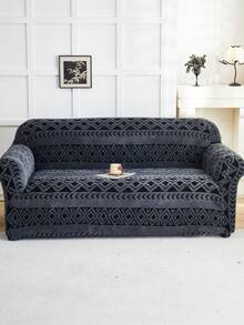 1pc Cationic Soft Plush Fabric Pet Proof Sofa Cover, Embossed Plush Jacquard Striped Pattern, Deep Gray Multi-Color, Thick Jacquard Plush Sofa Cover Suitable For 1/2/3/4 Seat Sofa, Autumn/Winter