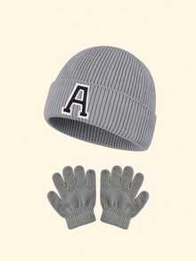 [A-Z Letters Hat]3pcs 8-12Y 26-Letter Knitted Hat And Glove Set, Fashion Youngsters's Cold Hat, Suitable For Boys And Girls Daily Going To School Outdoor Warm Fashion Collocation Suitable For Use As A Gift, Winter Hats For Girls - Round Letter Knitted Hat 2-piece Set - View 2