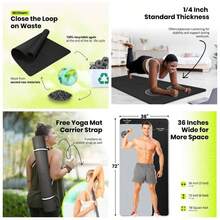 - Alfombrilla de yoga ancha para hombres y mujeres 72 pulgadas de largox 36 pulgadas de anchox 14 pulgadas de grosor antideslizante para fitness y ejercicio con marcas de - Negro liso - Ver 1