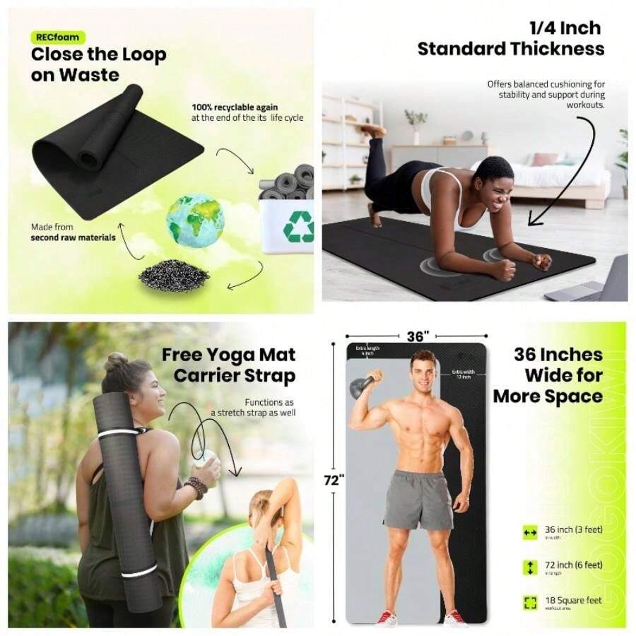 - Alfombrilla de yoga ancha para hombres y mujeres 72 pulgadas de largox 36 pulgadas de anchox 14 pulgadas de grosor antideslizante para fitness y ejercicio con marcas de - Negro liso - Ver 1