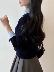 女式二合一 Polo 领毛衣，短款宽松针织套头衫，秋冬