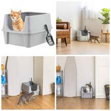 USA - Caja de para Gatos con Escudo de dispersin y Cuchara, Bandeja de para Gatos con Parte Superior Abierta, Gris con Cucharada Gris Oscuro - Gris - Ver 1