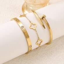 1 Set de Brazalete Minimalista de Flor Hueca de Acero Inoxidable, Conjunto de 3 Piezas, Elegante, Versátil, Creativo, Adecuado para Mujer, Uso Diario, Regalo para Ella