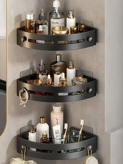 3PCS Bathroom Shelf With Hooks, Kitchen Storage And Organizing Rack, Plastic Shampoo Bottle Holder, Shower Rack, Bathroom Accessories, Drill-Free Shelf