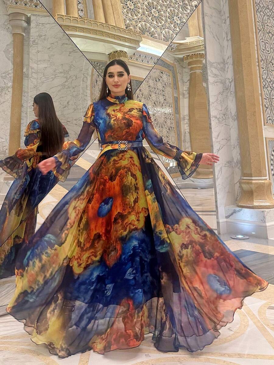 女式立领随机印花撞色、独特袖子、系腰带优雅长袖连衣裙