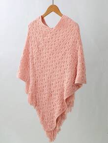 1pc Solid Color Hollow Out Bat Wing Tasseled Knit Poncho For Dress
