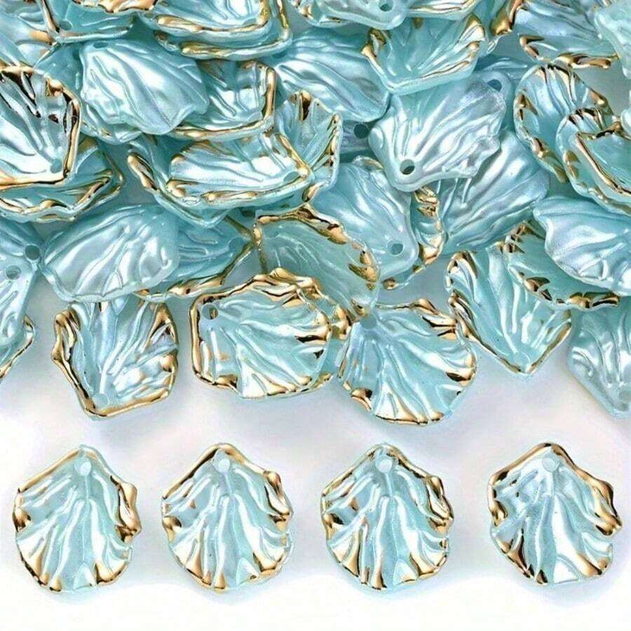 50pcs 20mm White & Golden Shell-Shaped Acrylic Beads With Creamy Petal Design - Glossy Craft Beads For DIY Jewelry Making, Phone Case Decoration, Home Decor - Màu xanh lam - Xem 1