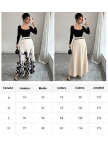 Vestido elegante de otoño para mujer con estampado patchwork, manga larga y cuello cuadrado, Vestido de noche con patchwork en colores contrastantes y confección artesanal, Ideal para citas, banquetes, festivales y salidas - Albaricoque - Ver 3