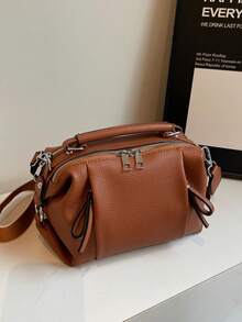 1 件女士纯色仿皮褶皱复古简约优雅手提包 - 棕色 - 查看 3