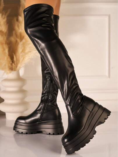 1 Pair Commuter Faux Leather Comfortable Fashionable Thigh High Boots, Suitable For Office Wear, Autumn/Winter