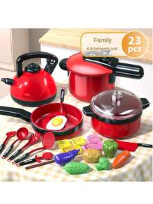 23 piezas/52 piezas/84 piezas Juego de cocina de juguete de chef pequeño con utensilios de cocina, ollas, cortadores y alimentos de juguete de madera en color rosa/rojo/verde para niñas, juguetes de cocina, juguetes para niños