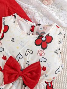 2pcs Girls Spring/Autumn Ruffled Jacket & Butterfly Floral Print Sleeveless Dress Set, Fashionable & Cute - Rose Red - View 6