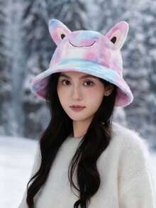 1pc Women's Tie-Dye Fluffy Rainbow Smiling Face Cute Bucket Hat, Korean Style 3D Ear Design Sweet Plush Cap, Warm Thermal Lining Casual Hat For Autumn/Winter