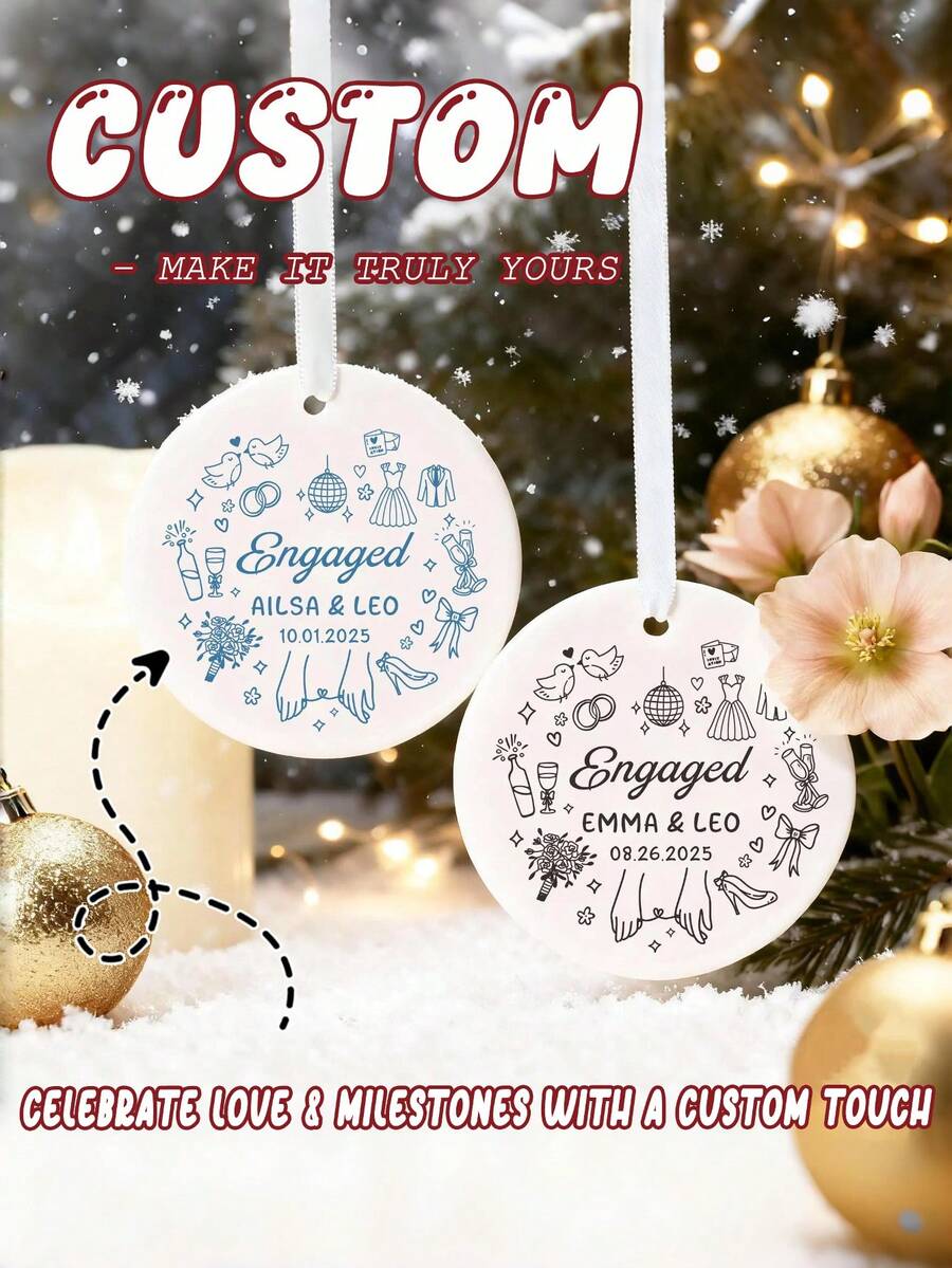 Ornamento di fidanzamento personalizzato, ornamento in ceramica per matrimonio personalizzato, regalo di primo Natale fidanzati, ricordo per coppia appena sposata, decorazione con iniziali e data personalizzata, ornamento con iniziali della coppia, ornamento con data personalizzata, decorazione natalizia personalizzata, ornamento per albero di anniversario, regalo di matrimonio personalizzato, ornamento per coppia personalizzato, ornamento per albero di anniversario, regalo natalizio personalizzato