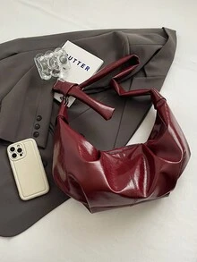 Burgundy Vintage Oiled Wax Leather Shiny PU Leather Pleated Shoulder Bag, Casual Versatile Women's Crossbody Bag, Large Capacity, Suitable For Daily, Commuting, Dating, Shopping, Crescent-Shaped