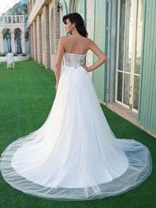 YOUKEFEIER 新款无肩带美人鱼蕾丝刺绣串珠性感高开衩长款婚纱，新娘礼服 - 米色 - 查看 5