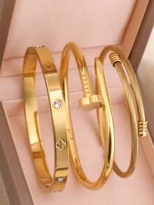 3PCS Fashion 18K Gold-Plated Stainless Steel Four-Leaf Clover Nail Bracelet, Suitable For Women's Parties, Daily Wear, European And American Style, Personalized, Generosity, Luxury Cubic Zirconia Band, Wedding Jewelry Set, Gift For Girls, Ladies, Relatives, Friends, Beautiful Wedding, Birthday, Valentine's Day, Mother, Mother's Day