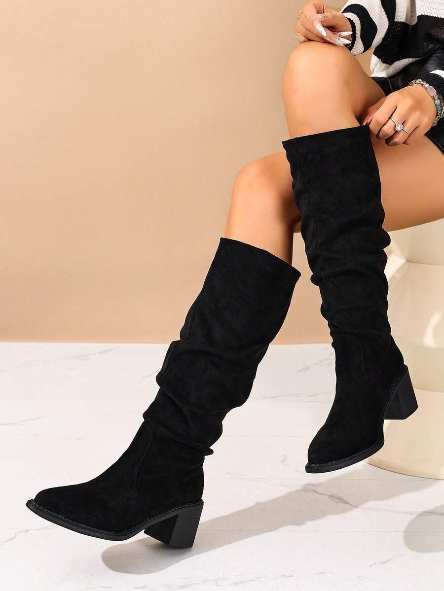 女式厚底尖头仿麂皮褶皱黑色及膝靴，春秋冬时尚 - 黑色 - 查看 1