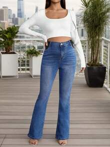 Pantalones de mezclilla flare para embarazada  - Banda elástica parcial, lavado vintage suave