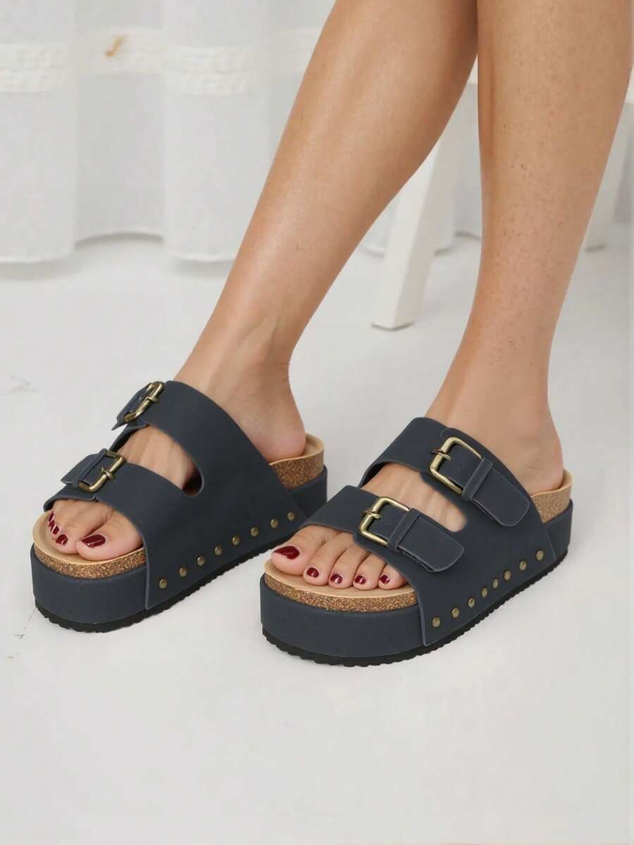 Urban Lift  Plain  Casual  Outdoor  PU Leather  Buckle    Platform Slide Sandal  Outdoor - 黑色 - 查看 1