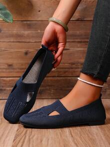 Zapatos casuales de punta cuadrada plana de punto, mocasines transpirables y antideslizantes, cómodos para madres, primavera y otoño - Azul oscuro - Ver 4