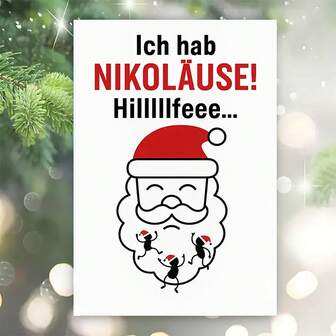 1 pieza Tarjeta de Navidad con Papá Noel sonriente y texto en alemán - Favor divertido para la fiesta del amigo invisible, regalo navideño único para amigos y familiares, diseño minimalista blanco y rojo con letras negras, frase en alemán "¡Ich Hab Nikolause! ¡Hilf Mir Leiden!" (¡Tengo a Nicolás! ¡Ayúdame a sufrir!) - Juego o mensaje divertido para la fiesta de Navidad