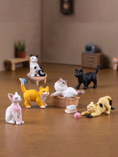 6 piezas/8 piezas Decoración de escultura de gato en miniatura simulada, pequeños adornos, accesorios en miniatura para paisaje micro, decoración de escritorio linda, decoración del hogar