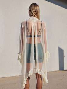 Women Ruffle Sheer Top Long Sleeve Bow Tie Design See Through Mesh Blouse Tops Oversized Flowy Chiffon Tunic Shirts - Ngà voi - Xem 6