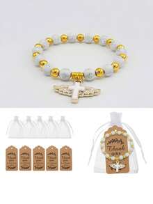 Set cadou brățară rozariu cu cruce și aripi de înger, 72 buc/24 seturi - Include brățară, pungă cadou și etichetă de mulțumire, pandantiv cruce cu brățară rozariu cu mărgele acrilice cu aripi de înger pentru femei și bărbați, botez, comuniune, nuntă, petrecere, Crăciun, cadou mic, en-gros (36/72 buc)